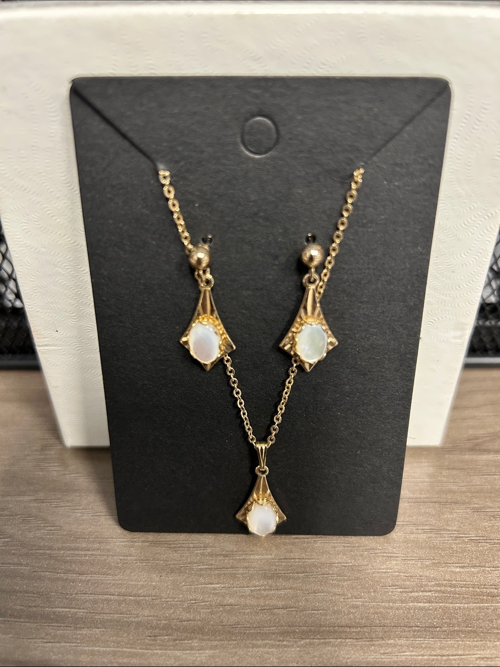 Gold-Tone Opal Teardrop Pendant Necklace and Earrings Set